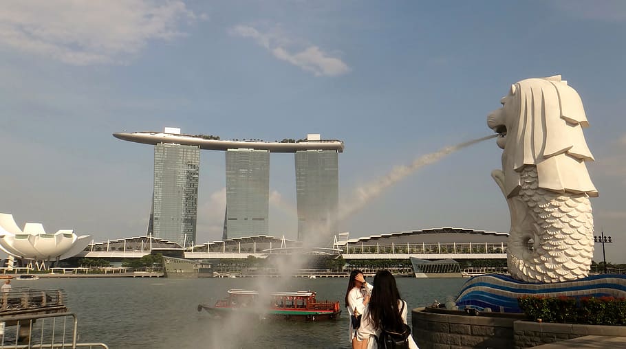 singapore, merlion, spray, water, architecture, cityscape, landmark, HD wallpaper