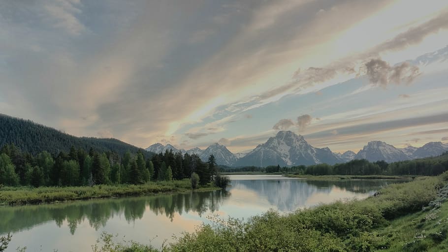 sunset, mountains, river, sky, clouds, outdoor, environment HD wallpaper