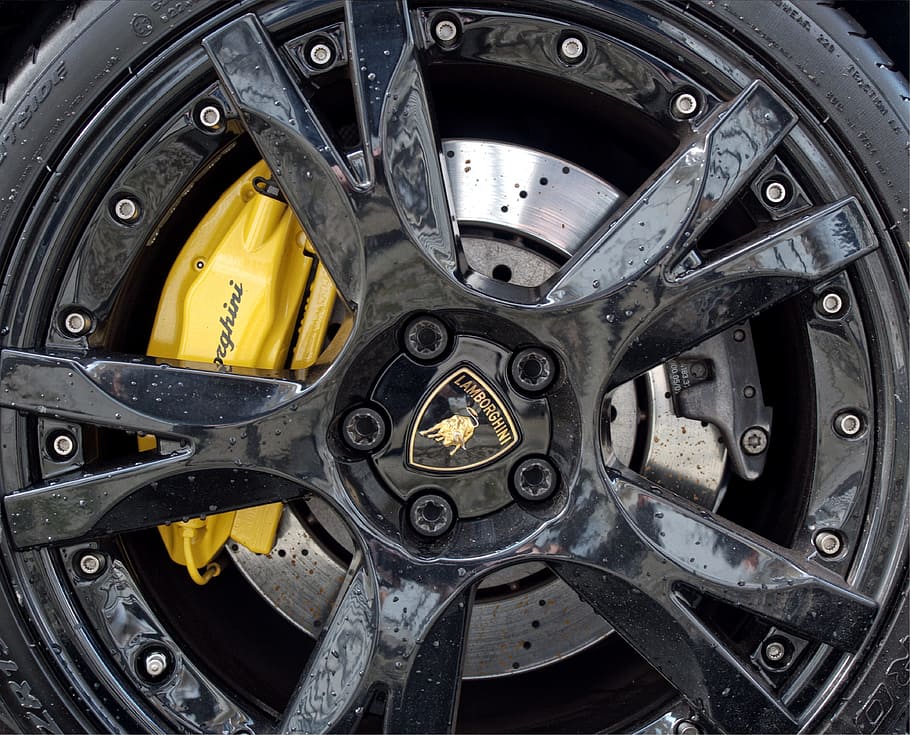 black Lamborghini car wheel and tire, brakes, fast, sports, supercar