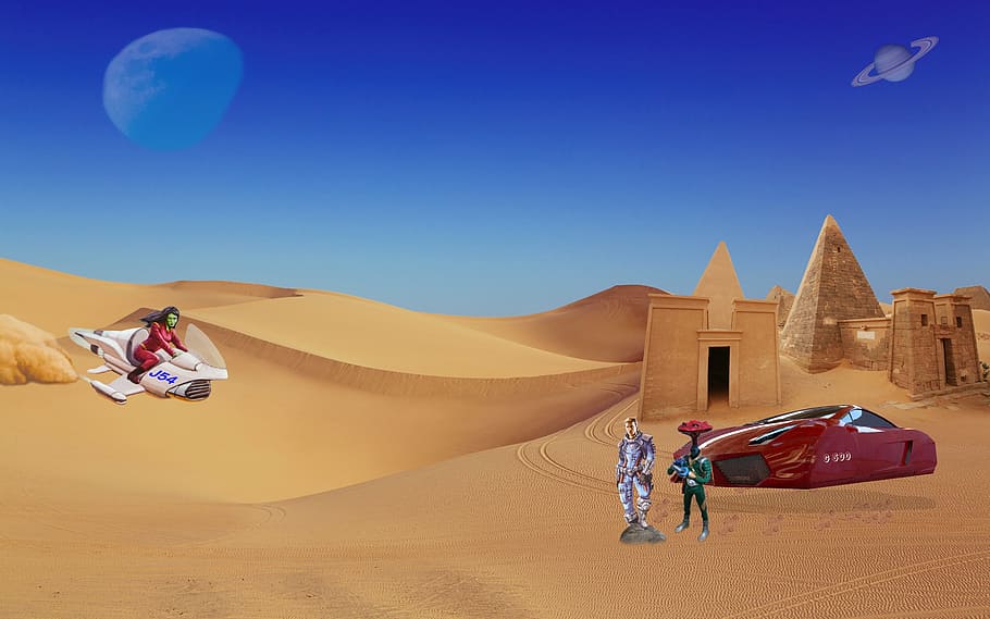 fantasy, science fiction, desert planet, full length, sky, sand HD wallpaper