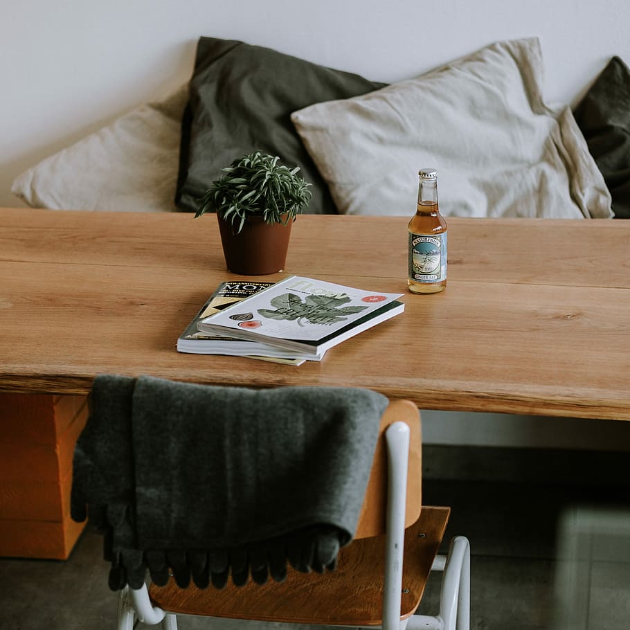 books on table near bottle and leaf plant in pot, beer bottle on top of table HD wallpaper
