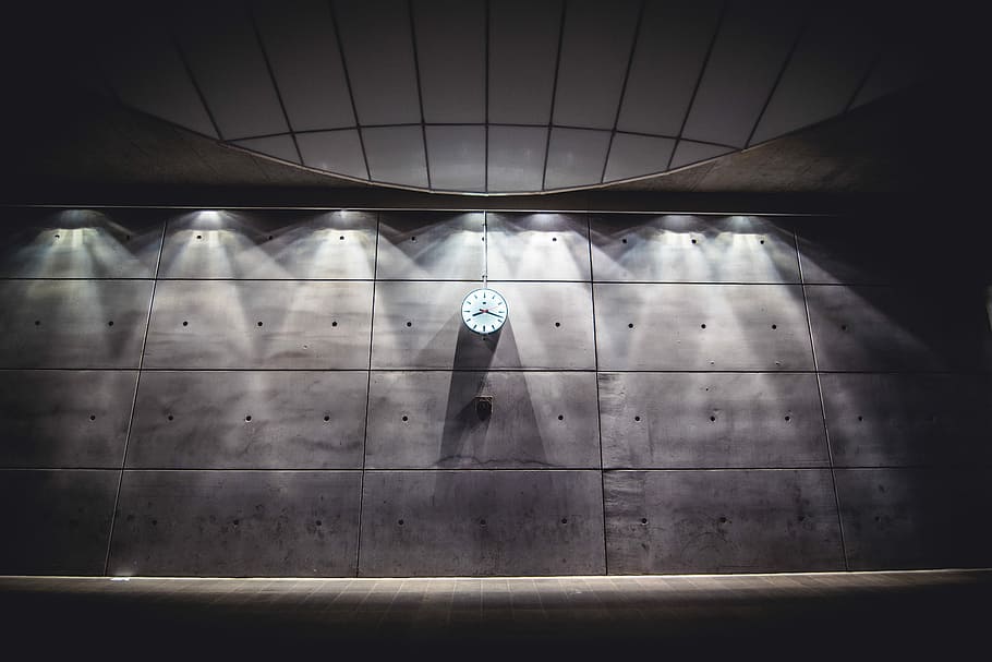 analog clock on wall, turned on ceiling light, time, grey, gray HD wallpaper