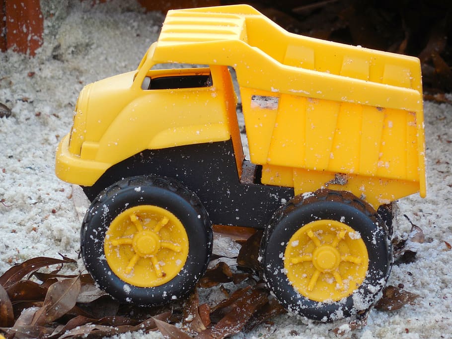 sandbox, toys, childhood, yellow, plastic, activity, fun, truck, HD wallpaper