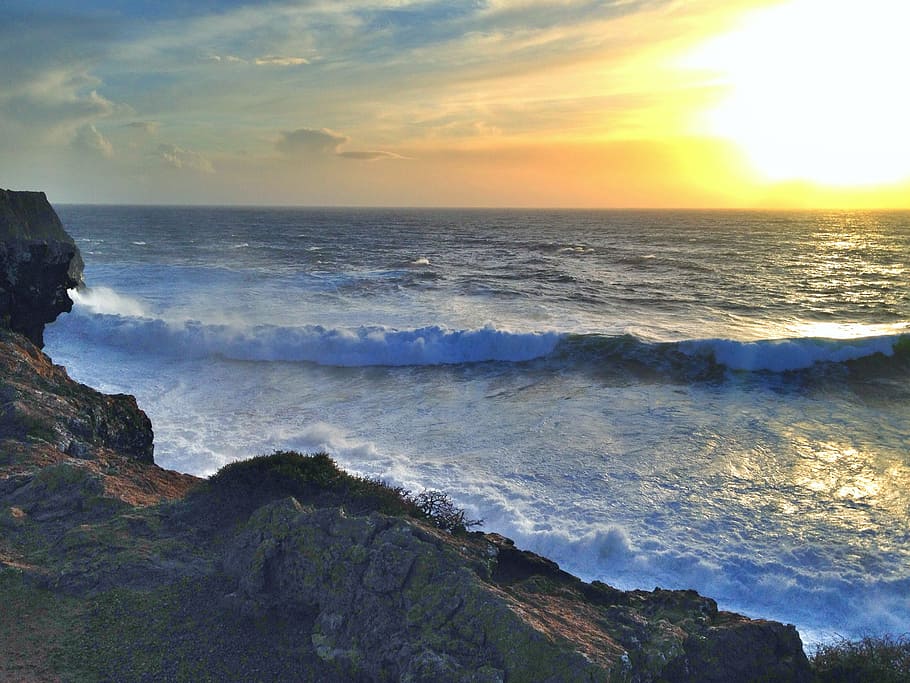 beach, cliff, ocean, water, rock, sunset, wave, portugal, sea HD wallpaper