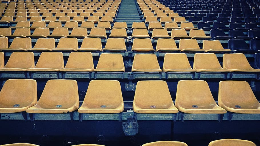 empty stage seats, yellow stadium chairs, row, statium seat, repetition, HD wallpaper