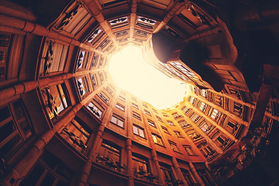 worm's view of brown building, spiral, architecture, interior HD wallpaper