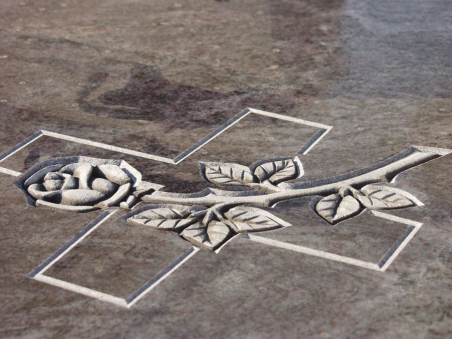 gray concrete rose embossed, stone engraving, cross, tombstone HD wallpaper