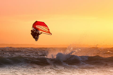 photography of sea waves during sunset, surfer, surfing, ocean HD wallpaper