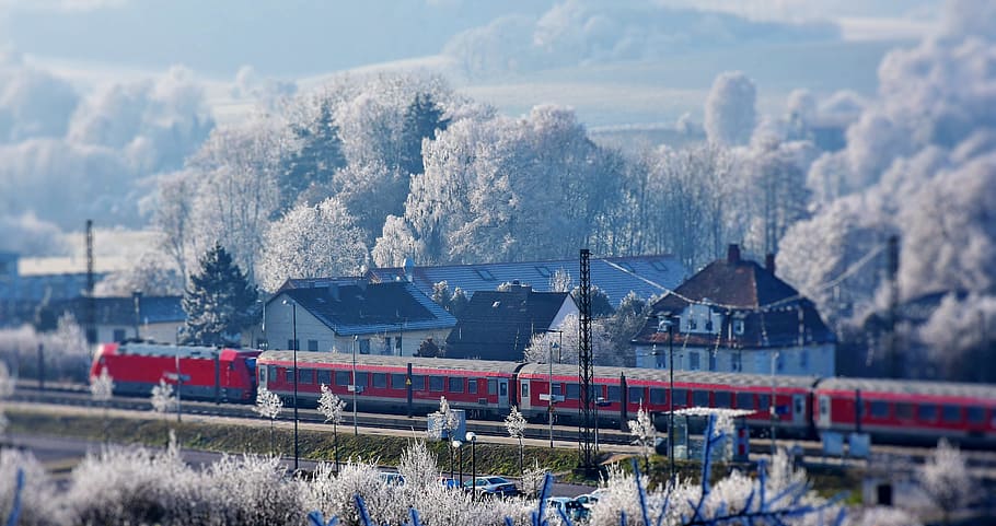 red train illustration, railway, transport, rail traffic, wagon HD wallpaper