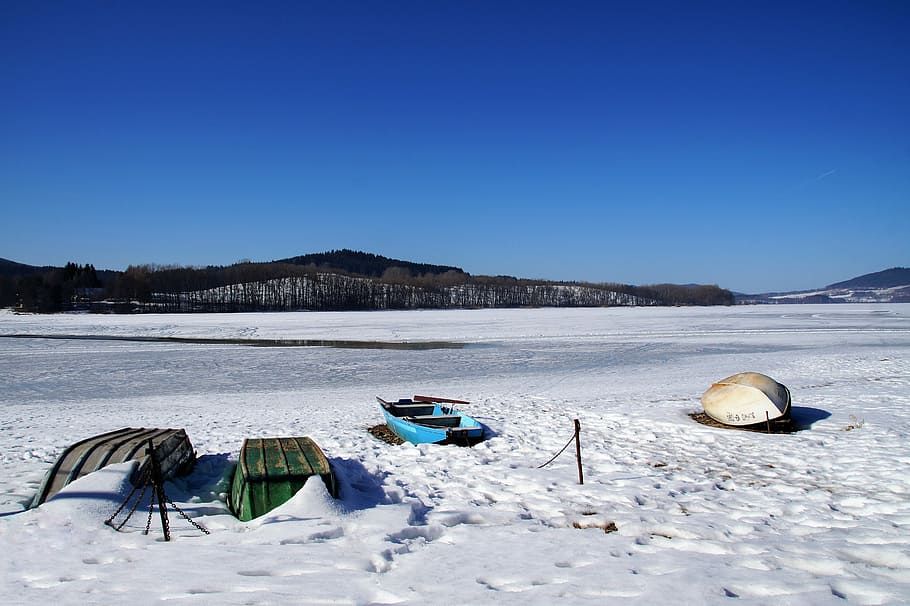 rowboat, boats, barge, frozen lake, on dry land, snow, winter