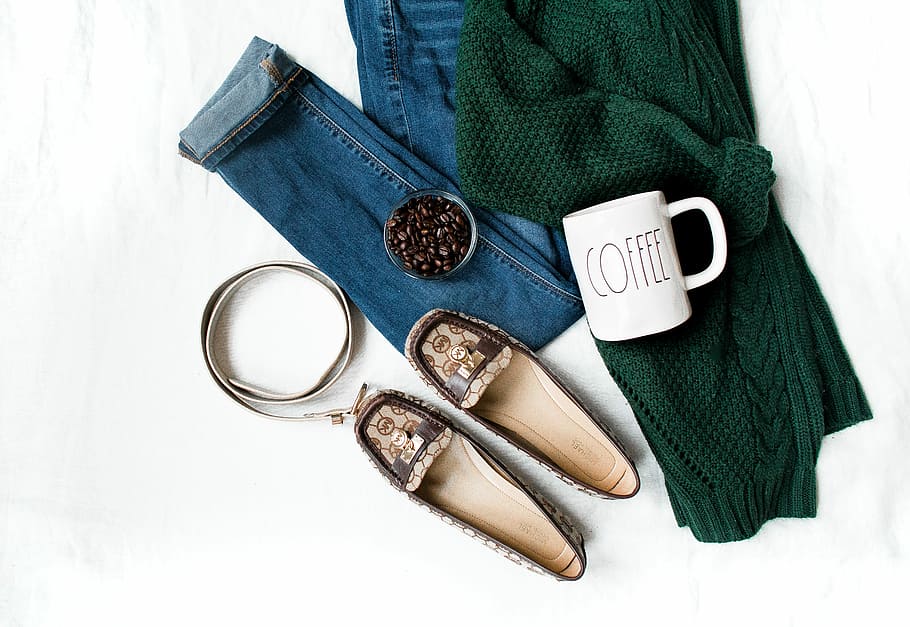 pair of brown leather flats and white ceramic mug, pair of shoes flats beside denim jeans and green cardigan with white coffee mug and leather belt HD wallpaper