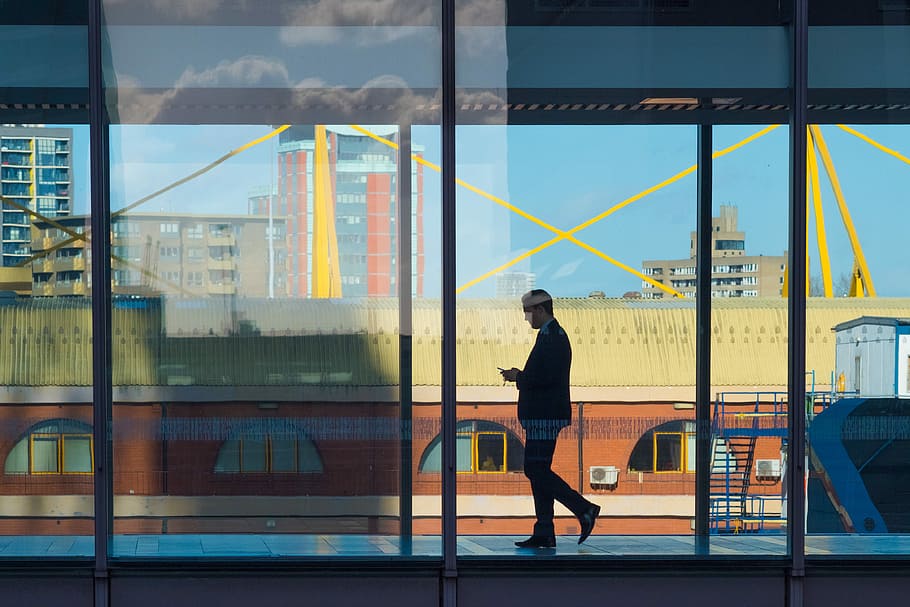 untitled, man, walking, bridge, glass, reflection, architecture HD wallpaper