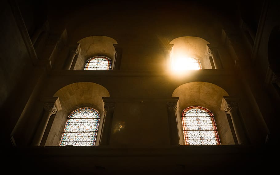 church, windows, sun, peeking, building, architecture, old HD wallpaper