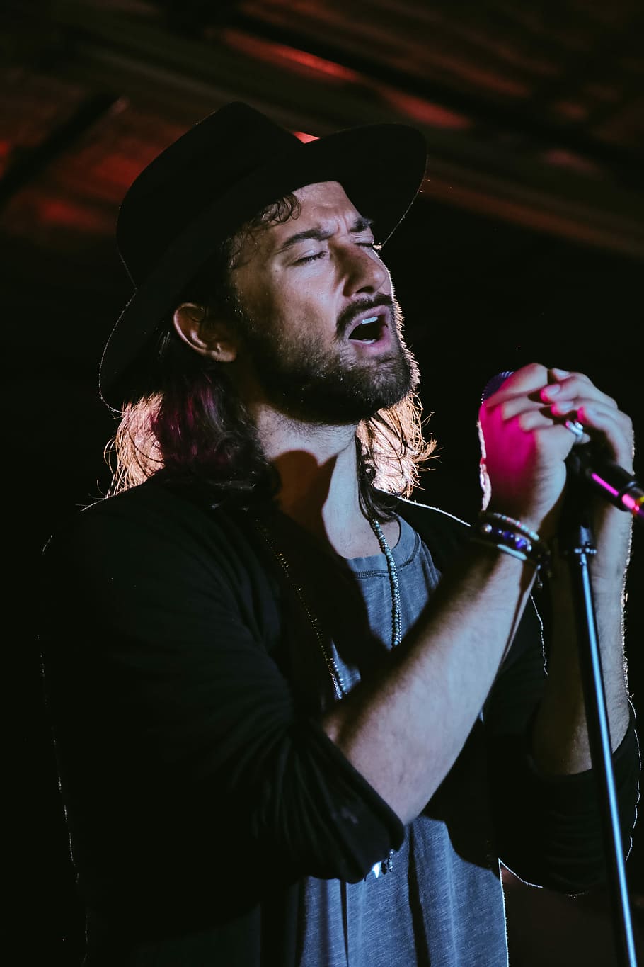 man holding black microphone, singer, music, stage, hat, beard