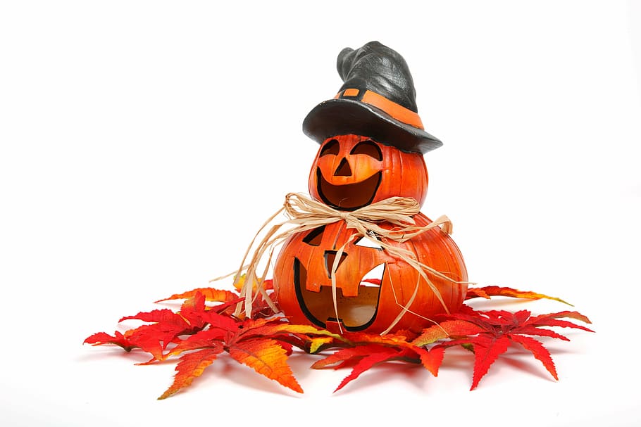 orange Jack-'o-lantern decor, autumn, decoration, face, fall HD wallpaper