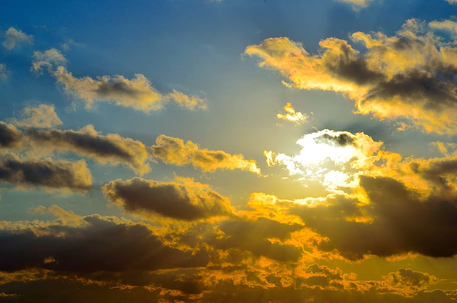 sunset, red, night, evening, sky, blue, background, card, clouds HD wallpaper