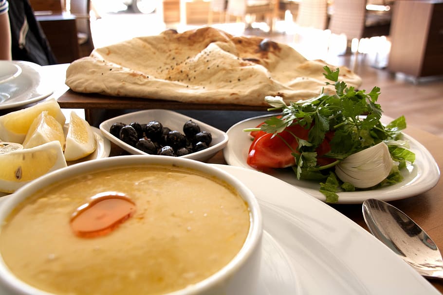 pita bread and vegetable saldas, turkish food, soup, meze, alanya, HD wallpaper