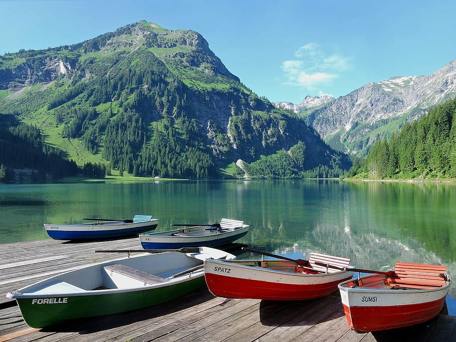 five boats beside body of water near mountain, rowing boats, vilsalpsee