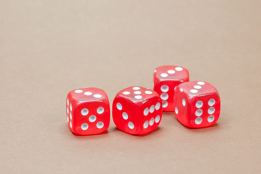 four red dice on brown surface, cube, game cube, instantaneous speed