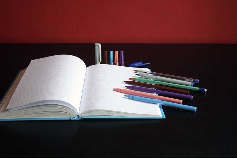 notebook, paper, colored, pen, art, material, marker, table HD wallpaper