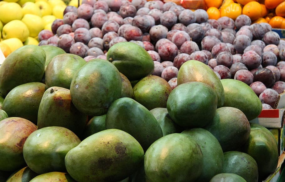 Fruits, Mango, Plums, Orange, Pears, fresh, market, sale, food HD wallpaper
