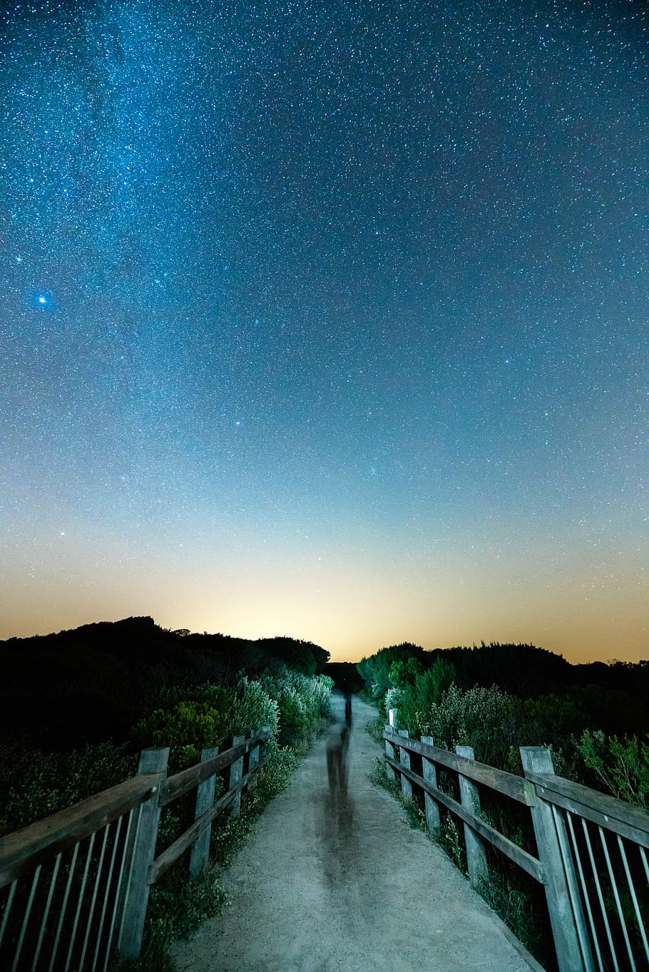 gray wooden bridge under night sky, bridge between trees, path HD wallpaper