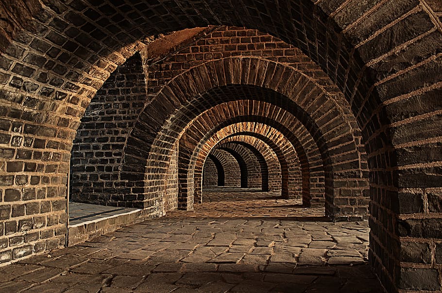 dome concrete bricks pathway, vaulted cellar, tunnel, arches, HD wallpaper
