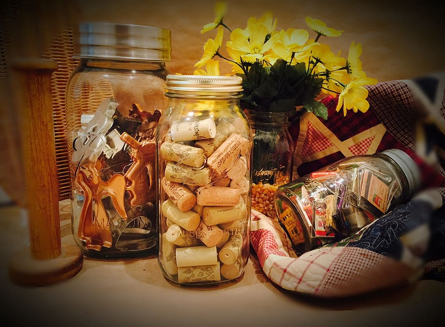 mason jar, nostalgic, quilt, variation, choice, still life HD wallpaper
