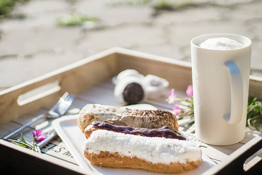 white ceramic cup, baked pastry with milk, cake, eclair, coffee HD wallpaper