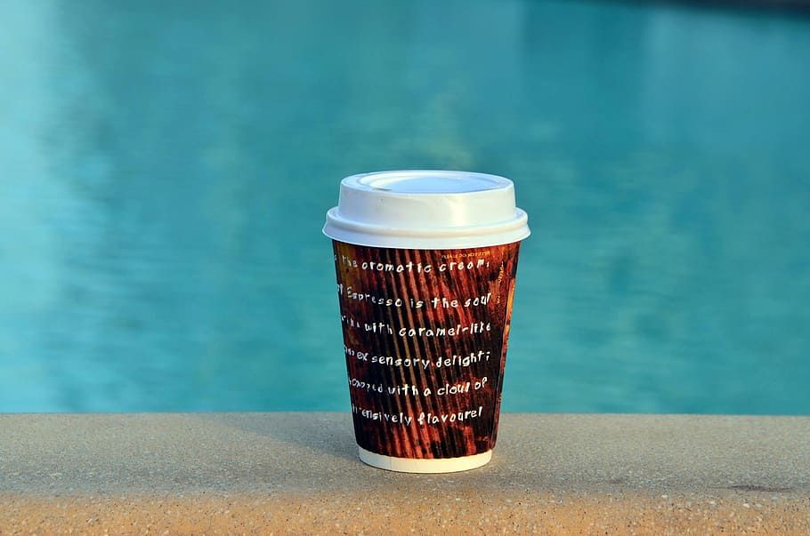 photo of white, black, and red cup near pool, coffecup, coffee HD wallpaper