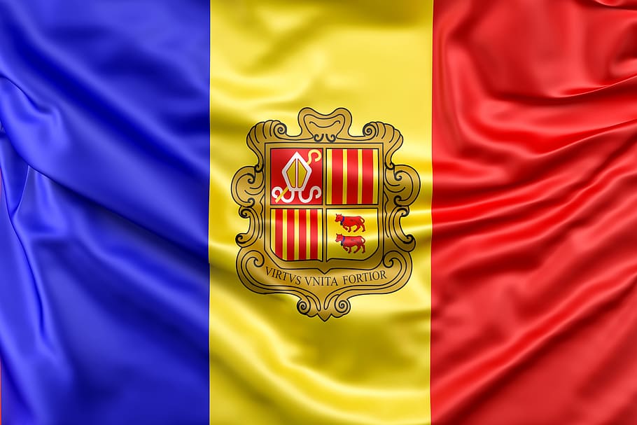 andorra, flag, flag of andorra, ensign, europe, nation, wave, HD wallpaper