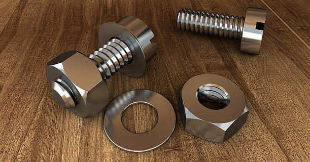 photo of two gray bolts with washers on brown surface, screw HD wallpaper