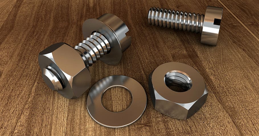 photo of two gray bolts with washers on brown surface, screw HD wallpaper