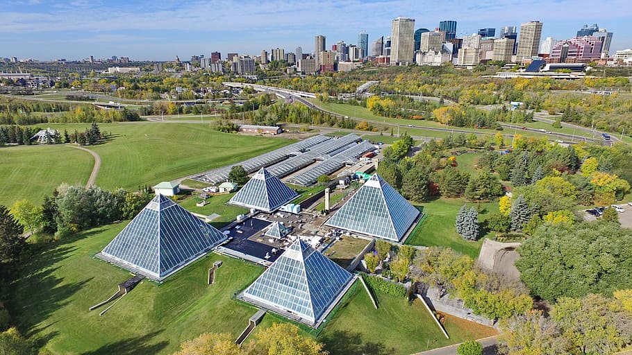 dji, drone, aerial, canada, edmonton, muttart conservatory, HD wallpaper