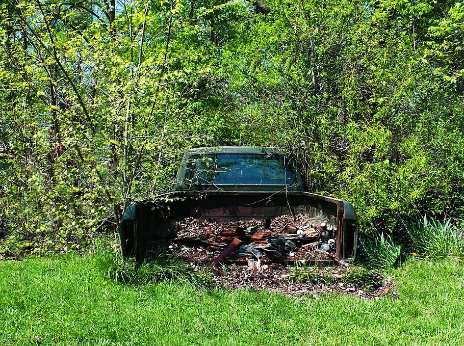scrap, truck, old, vehicle, garbage, wreck, rusty, junk, trees, HD wallpaper