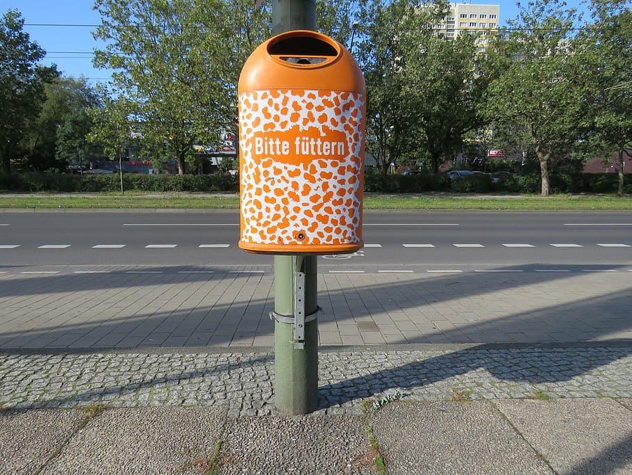 garbage can, please, feed, zoo, berlin, capital, clean, bsr