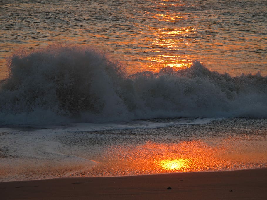 Sunset, Wave, Sea, Beach, abendstimmung, holiday, afterglow HD wallpaper