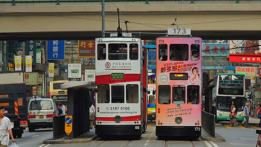 two double deck bus under bridge, hongkong, tram, asia, tourism