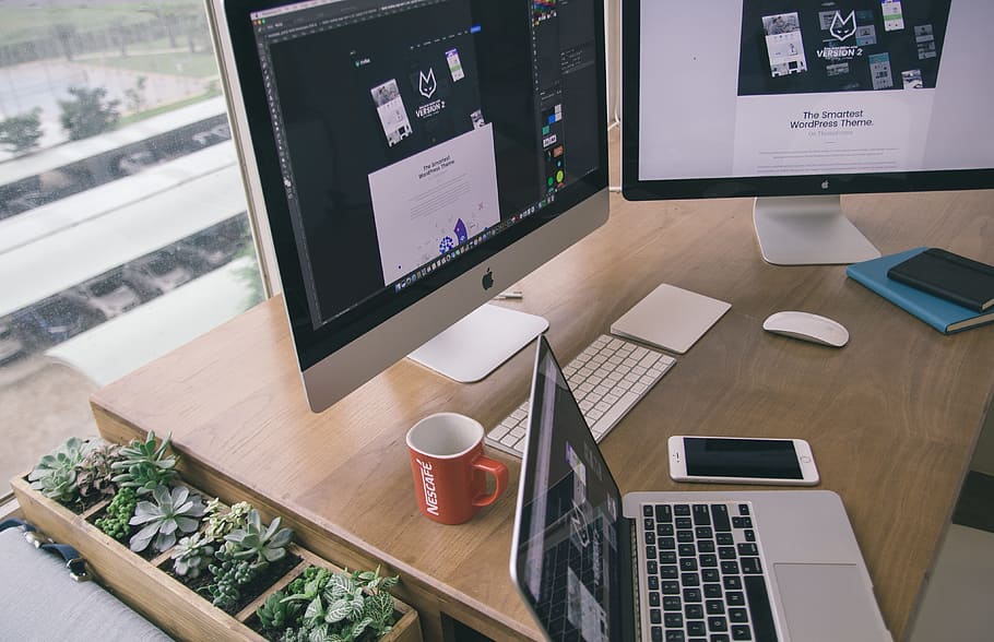 silver iMac, cup, mug, coffee, laptop, computer, apple, macbook HD wallpaper