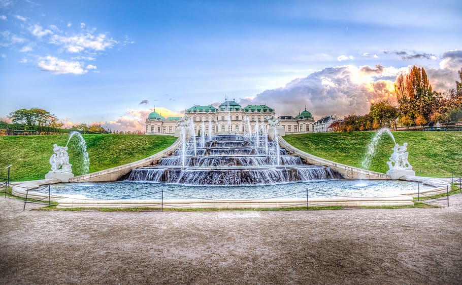 water fountain between green grass field painting, vienna, belvedere, HD wallpaper