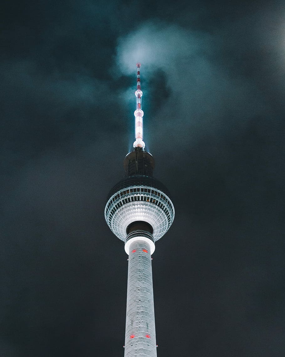 gray concrete tower under white cloudy sky, bottom view of space needle HD wallpaper