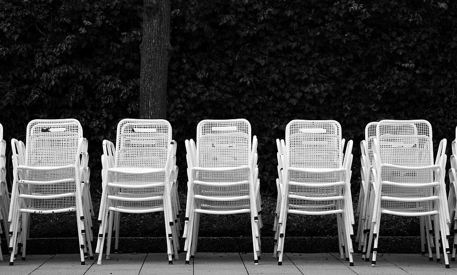 chair series, metal chairs, monochrome, black white, stacked, HD wallpaper