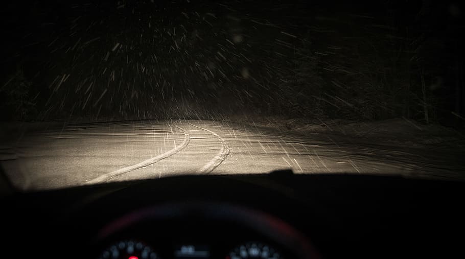 Person Taking Photo of Road Covered With Snow, car, dark, evening HD wallpaper