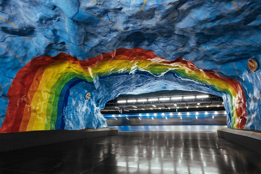 assorted-color cave hallway, rainbow painted establishment ceiling HD wallpaper