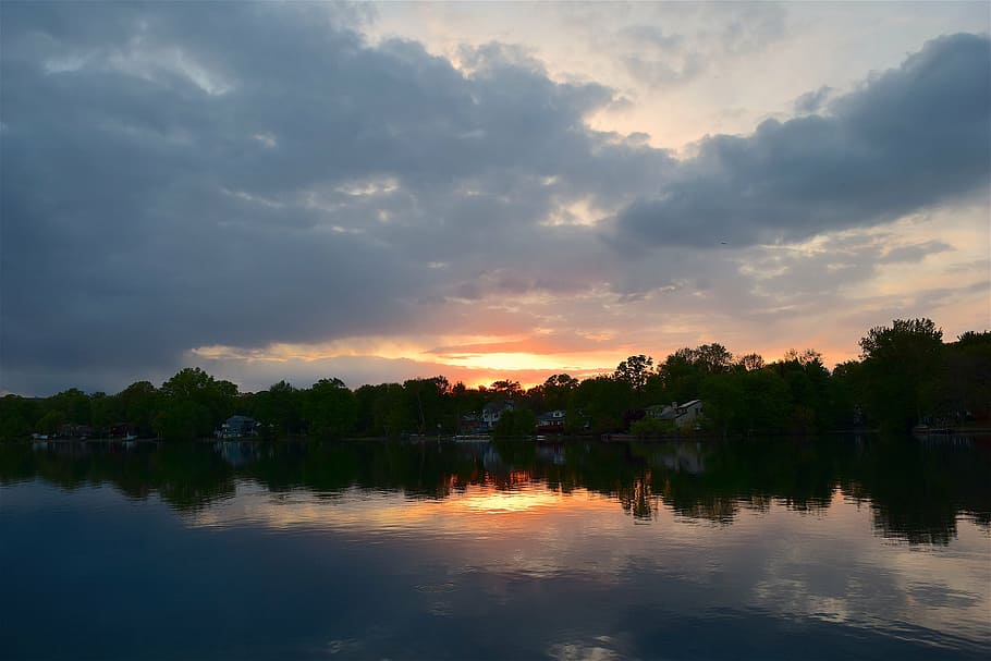 lake, sunset, reflection, water, clouds, nature, landscape HD wallpaper