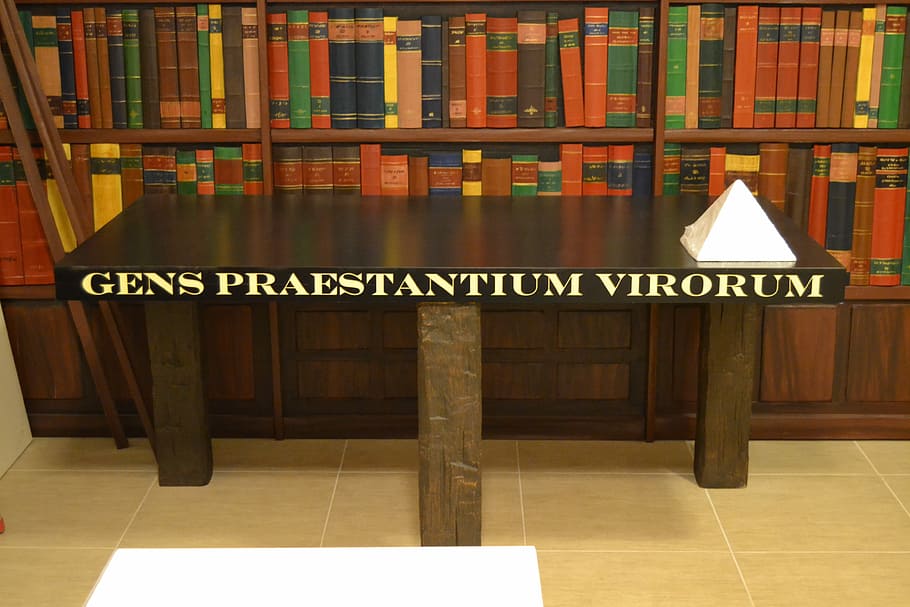 Table, Wood, Pyramid, Library, book should, latin, praestantium gens virorum HD wallpaper