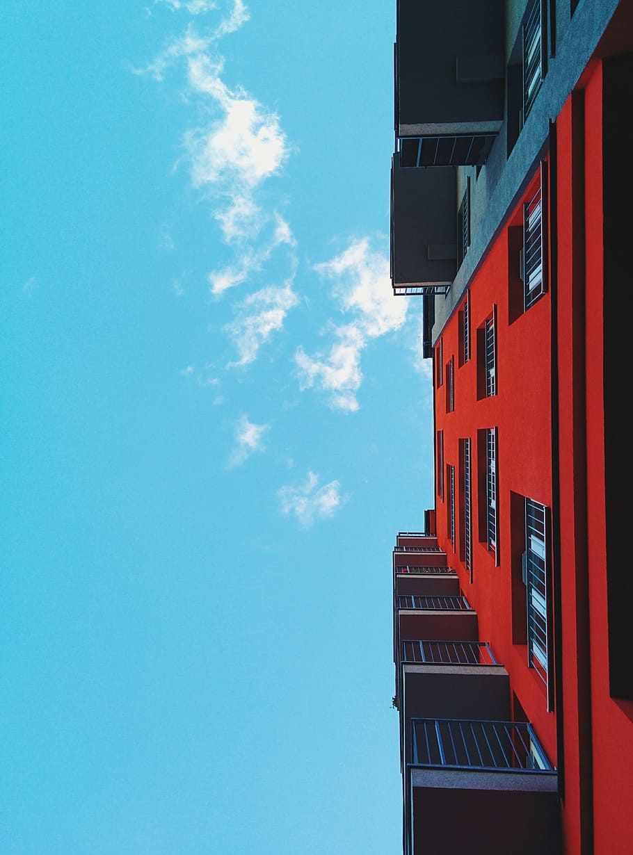 low angle photograph of highrise building, architecture, red HD wallpaper