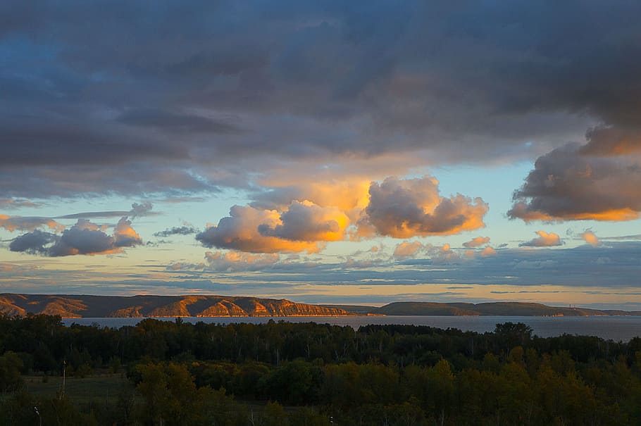 Sky, Clouds, River, Sunset, Landscape, nature, beach, summer HD wallpaper