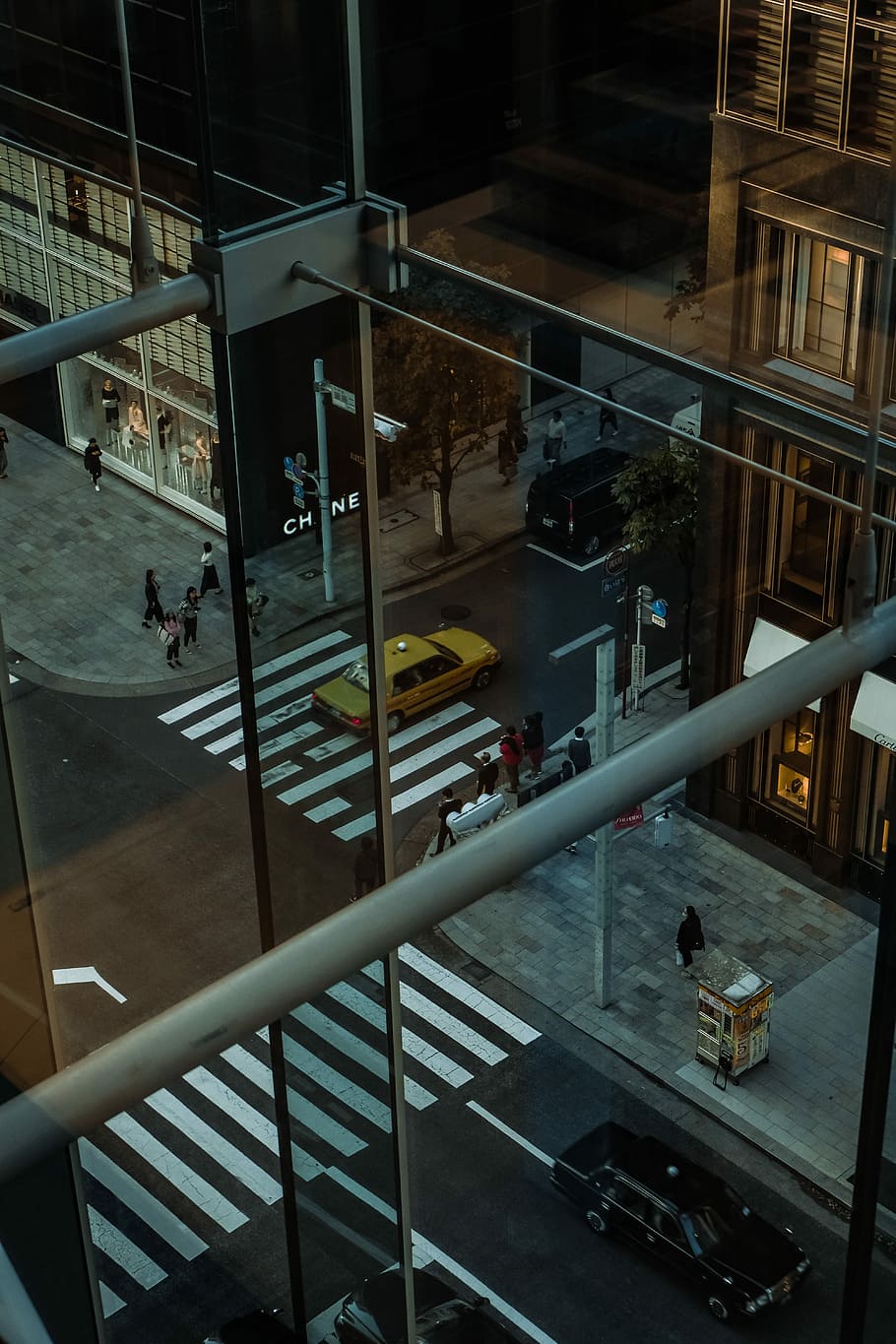 aerial photography of moving taxi cab on pedestrian lane, yellow sedan HD wallpaper