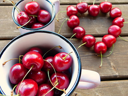 red cherry on ceramic mugs, Cherries, Red, Cup, Heart, Fruit HD wallpaper